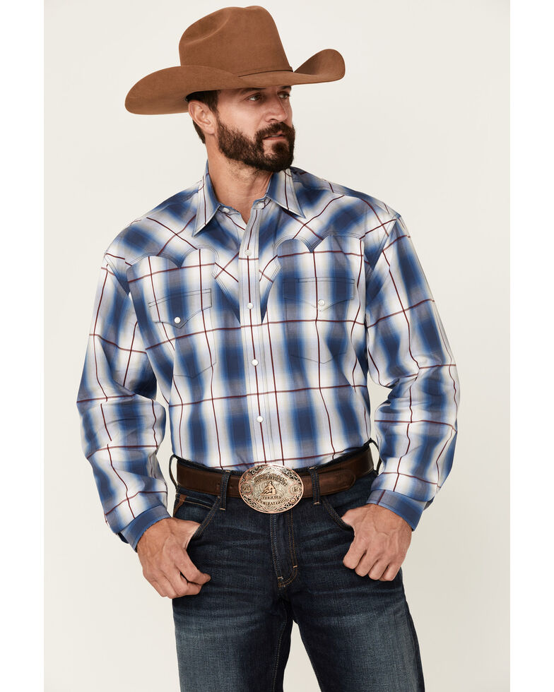 Stetson Men's Blue Ombre Large Plaid Long Sleeve Snap Western Shirt , Blue, hi-res