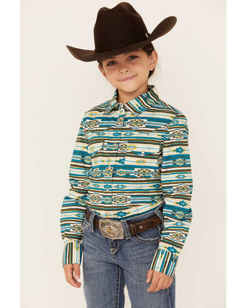 RANK 45® Girls' Southwestern Print Long Sleeve Pearl Snap Western Shirt , Teal, hi-res