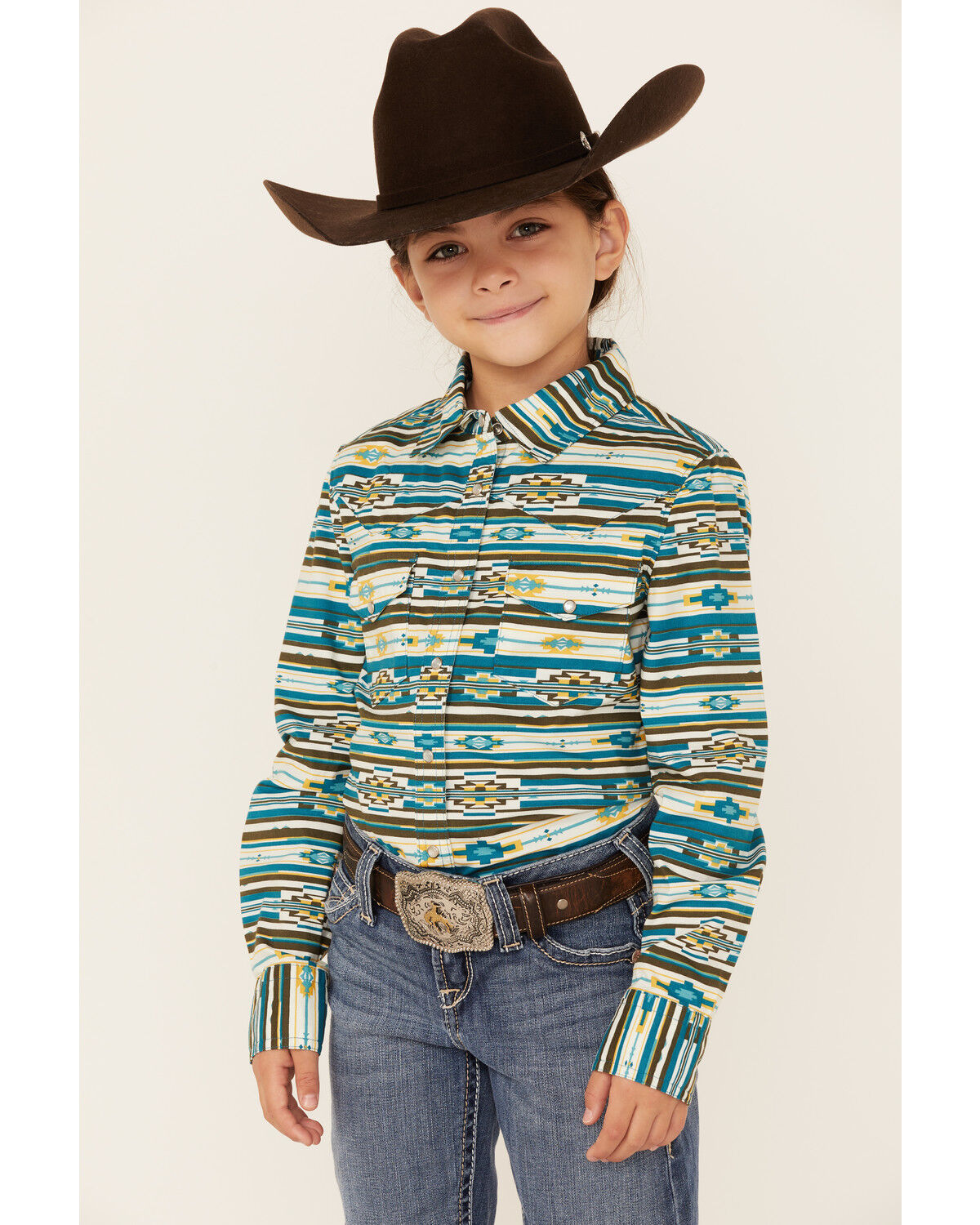 Image #1 - RANK 45® Girls' Southwestern Print Long Sleeve Pearl Snap Western Shirt, , hi-res