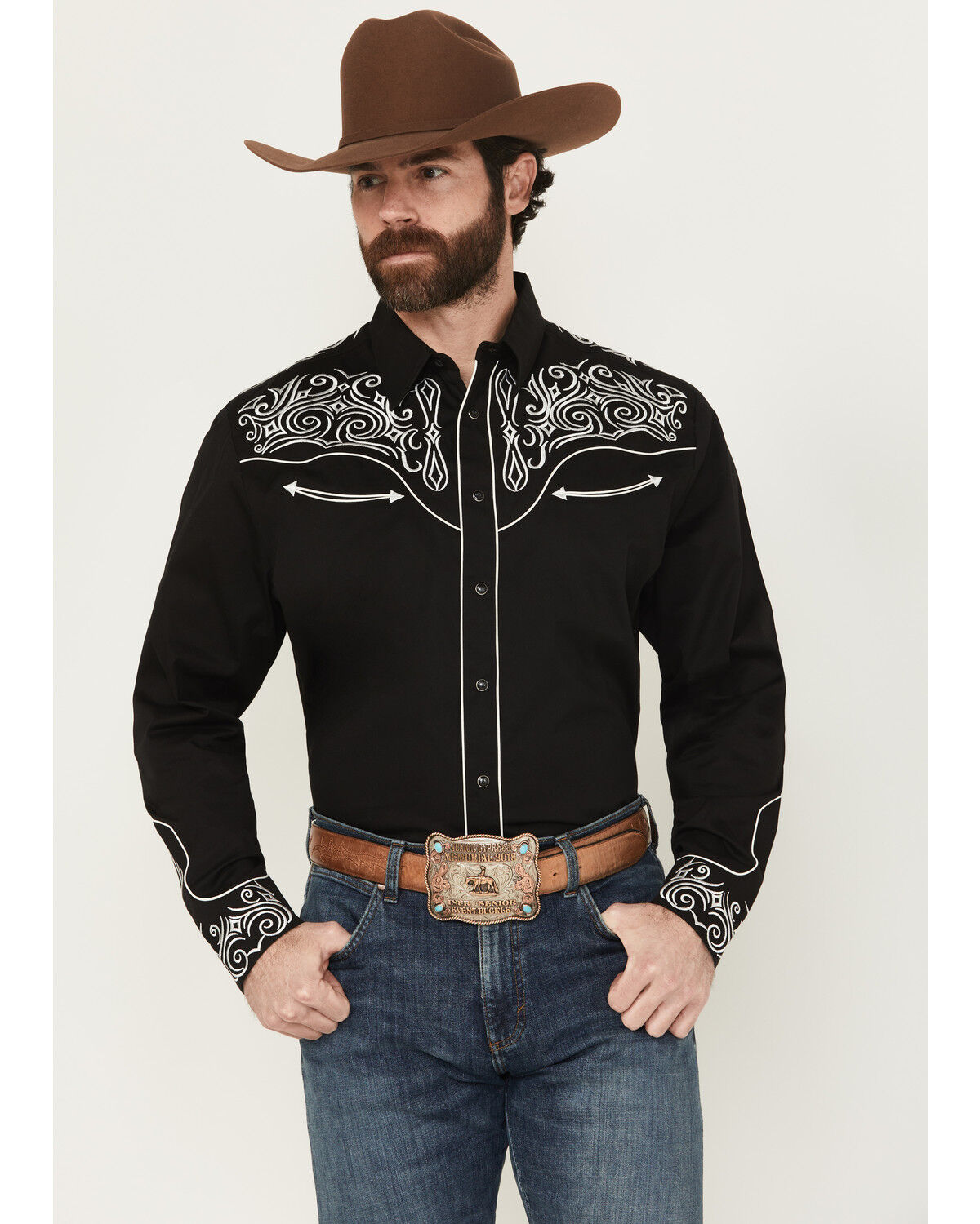 Image #1 - Rodeo Clothing Men's Embroidered Long Sleeve Snap Western Shirt, Black, hi-res