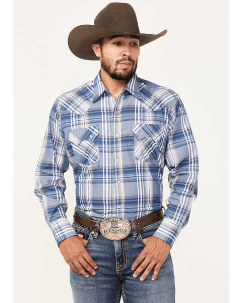 Ely Walker Men's Plaid Print Long Sleeve Snap Western Shirt, Blue/white, hi-res