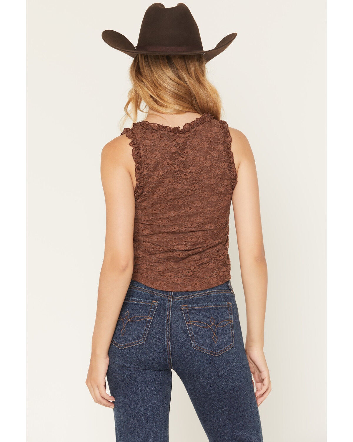 Image #4 - Shyanne Women's Solid Lace Sleeveless Ruffle Tank Top, Brown, hi-res