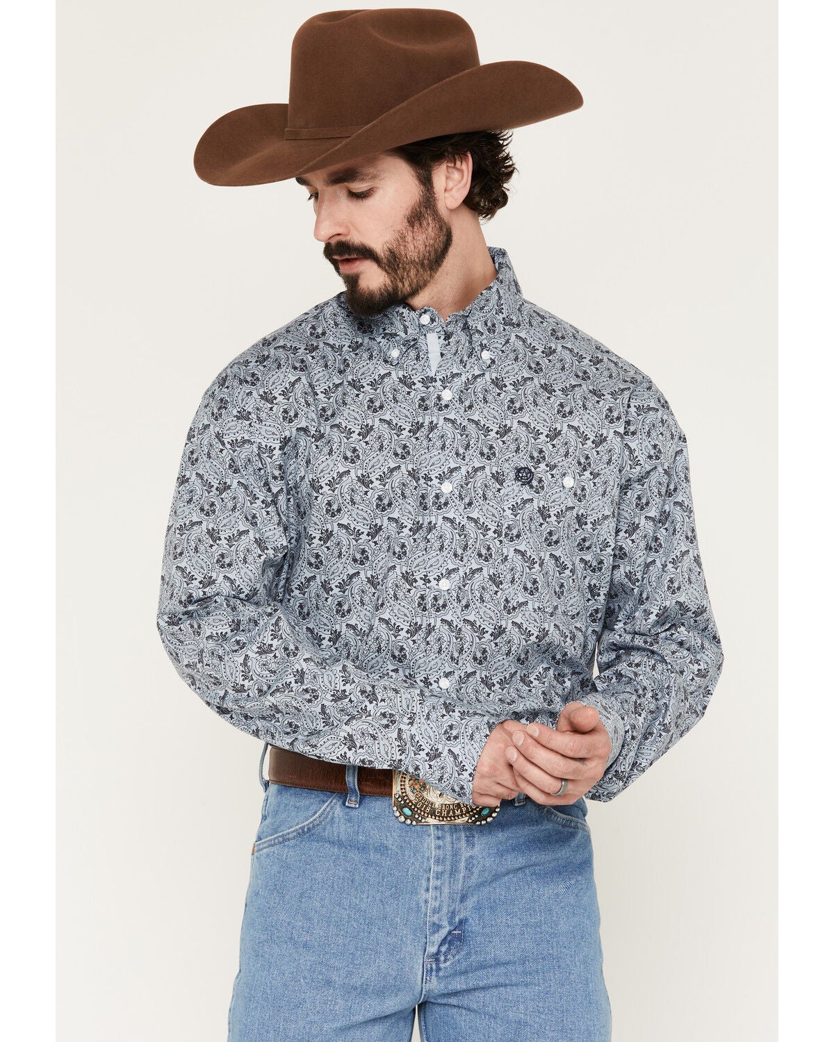 Image #1 - George Strait by Wrangler Men's Paisley Print Long Sleeve Button-Down Stretch Western Shirt, Blue, hi-res