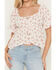 Image #3 - Angie Women's Floral Print Short Sleeve Hanky Hem Top, Ivory, hi-res