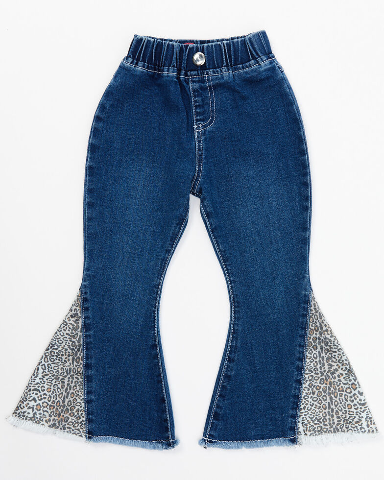 Cowgirl Hardware Toddler-Girls' Leopard Print Panel Bell Bottom Jeans, Natural, hi-res