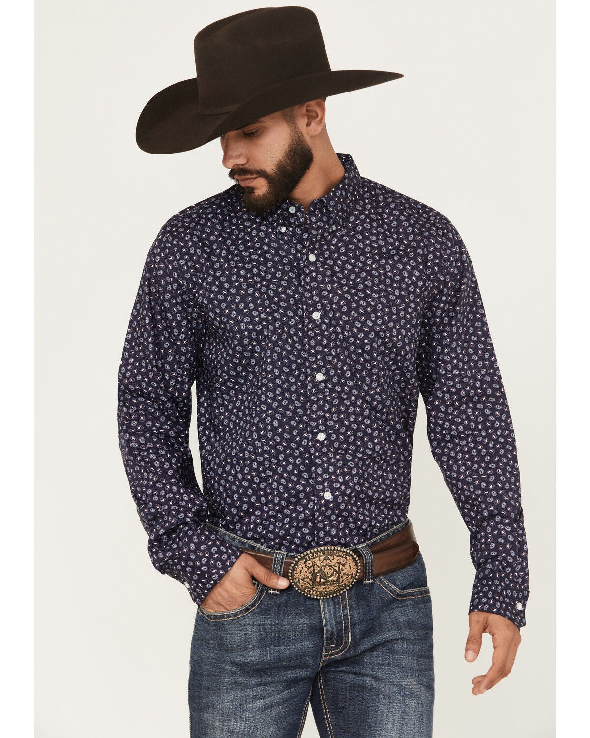 Wrangler X Cody Johnson Men's Paisley Print Long Sleeve Button-Down Western Shirt - Tall, Navy, hi-res