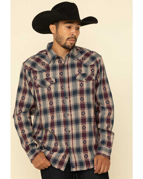 Cody James Men's High Plains Dobby Plaid Long Sleeve Western Flannel Shirt , Burgundy/navy, hi-res