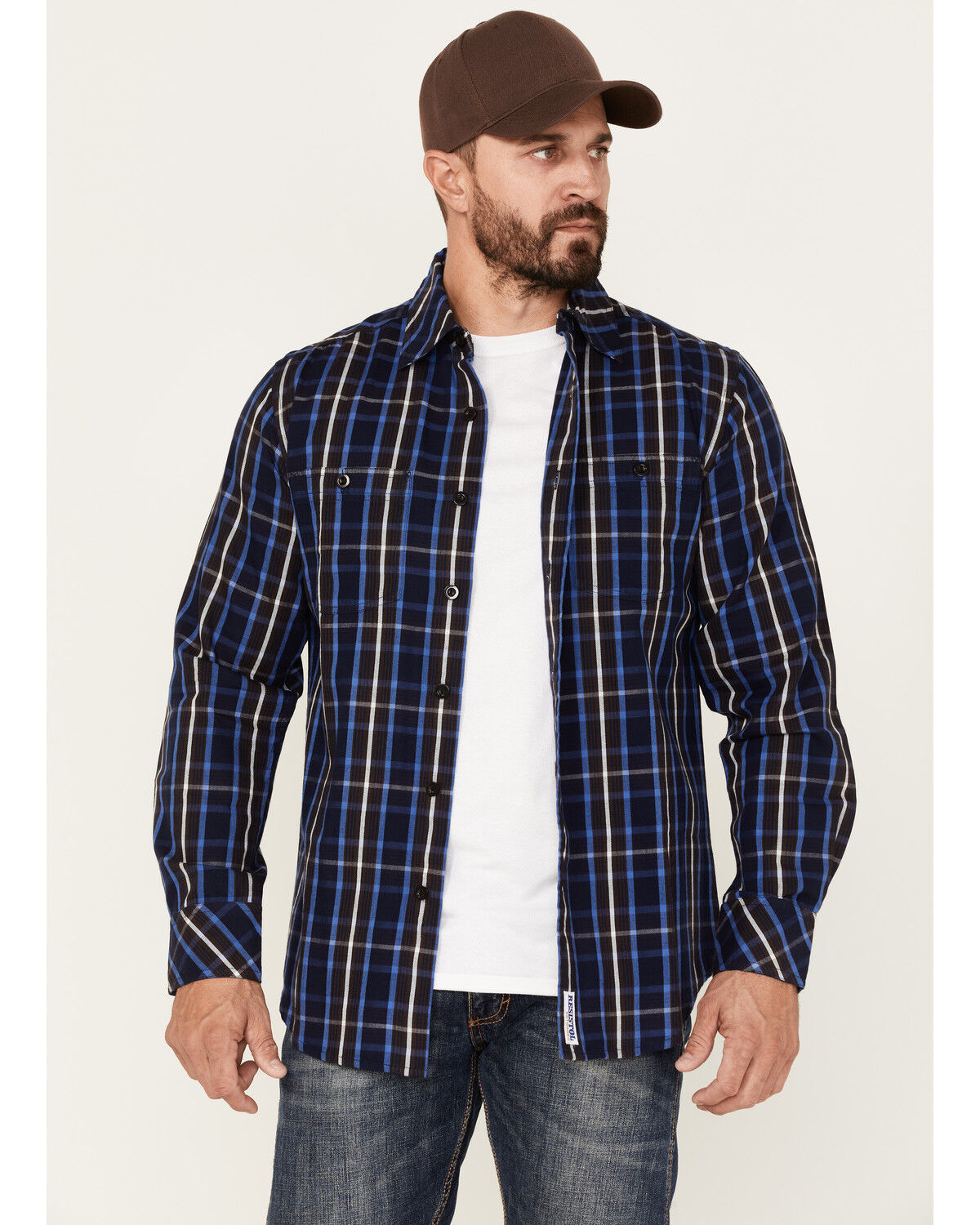 Image #1 - Resistol Men's Louisville Large Plaid Long Sleeve Button Down Shirt, Dark Blue, hi-res
