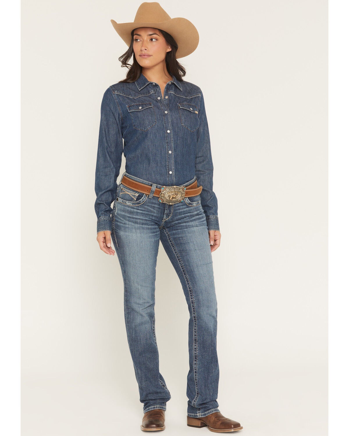 Ariat Women's Estelle Medium Wash Mid Rise Straight Stretch Denim Jeans, Medium Wash, hi-res