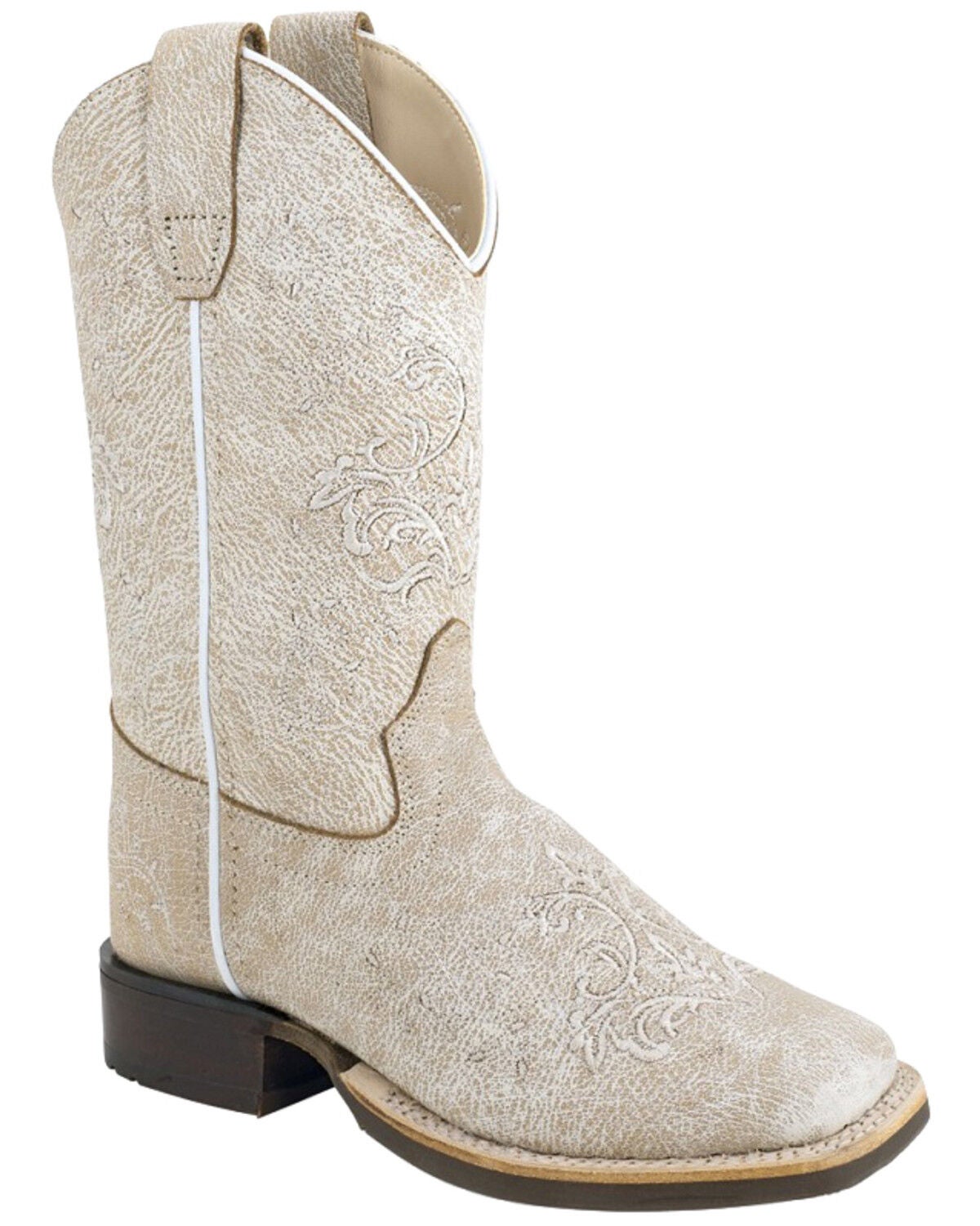 Old West Little Girls' Western Boots - Broad Square Toe, White, hi-res