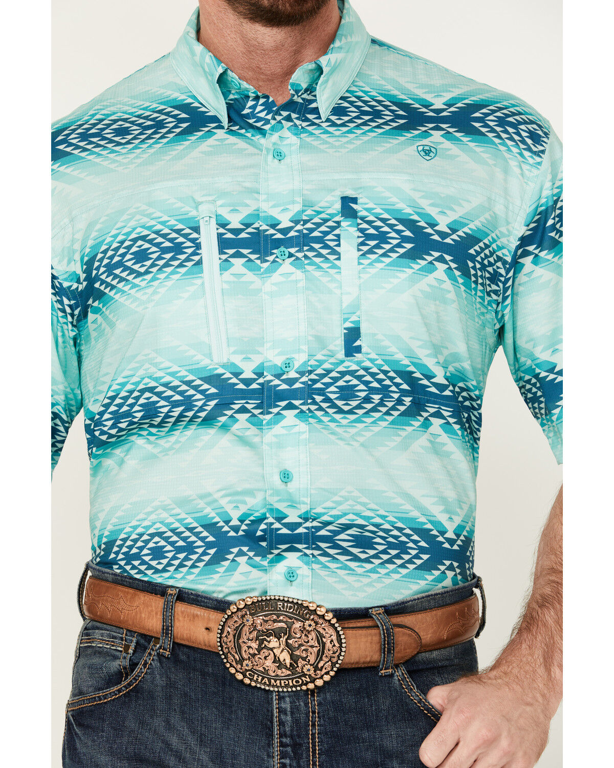 Image #3 - Ariat Men's VentTEK Classic Fit Southwestern Striped Short Sleeve Performance Shirt, Aqua, hi-res