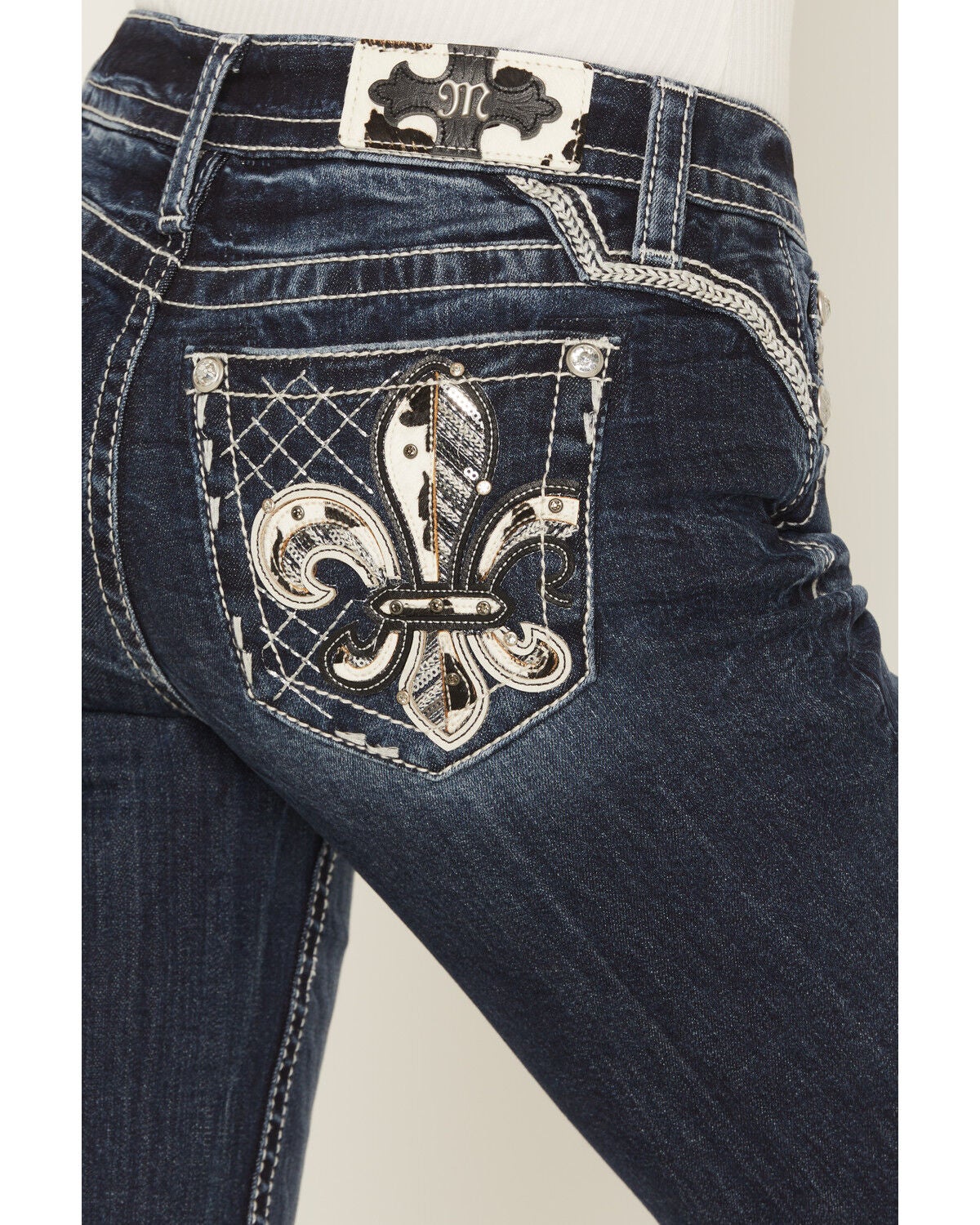 Image #2 - Miss Me Women's Medium Wash Mid Rise 32" Bootcut Fleur de Lis Pocket Stretch Denim Jeans, Dark Wash, hi-res