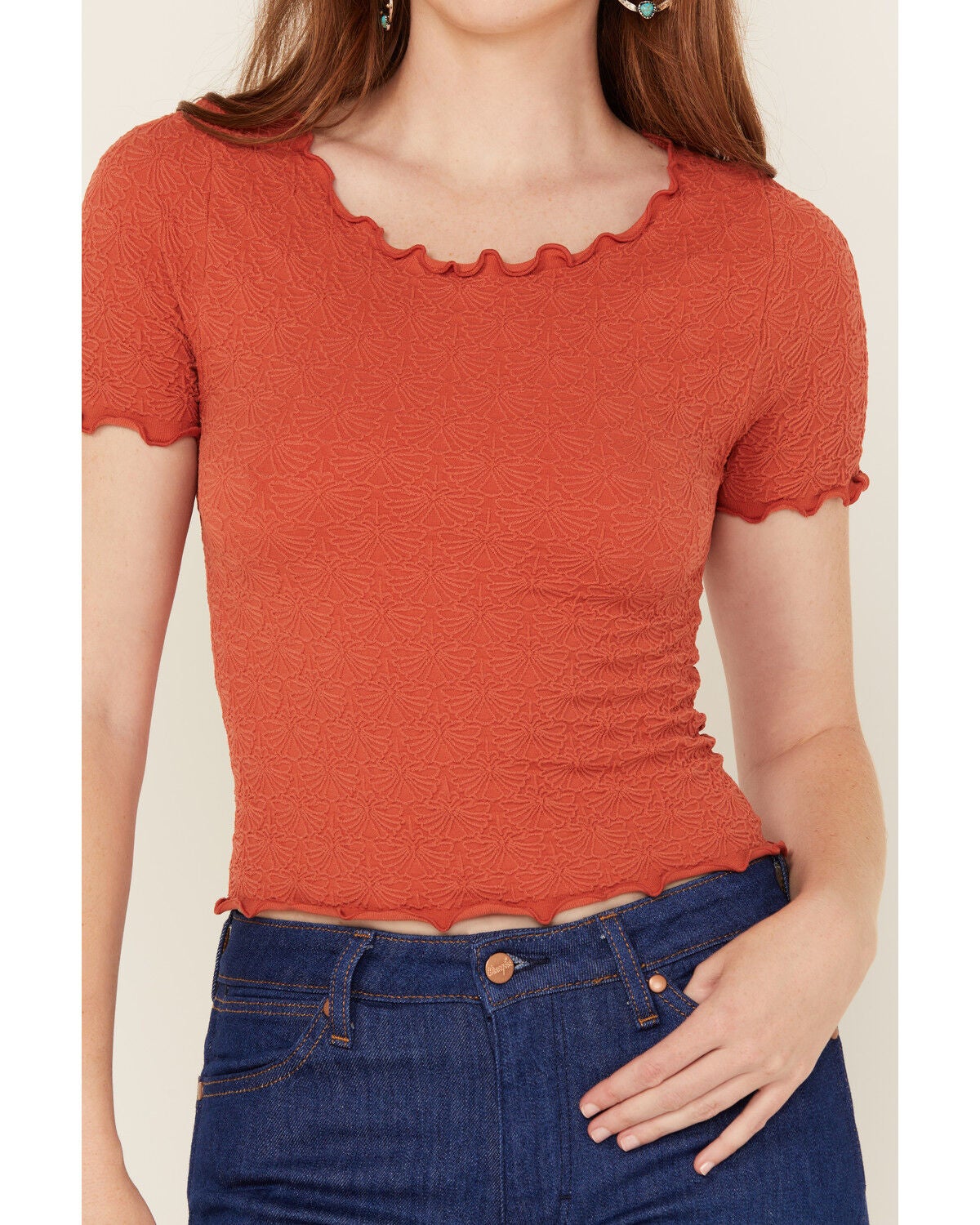 Image #3 - Fornia Women's Solid Lettuce Edge Short Sleeve Tee, Red, hi-res