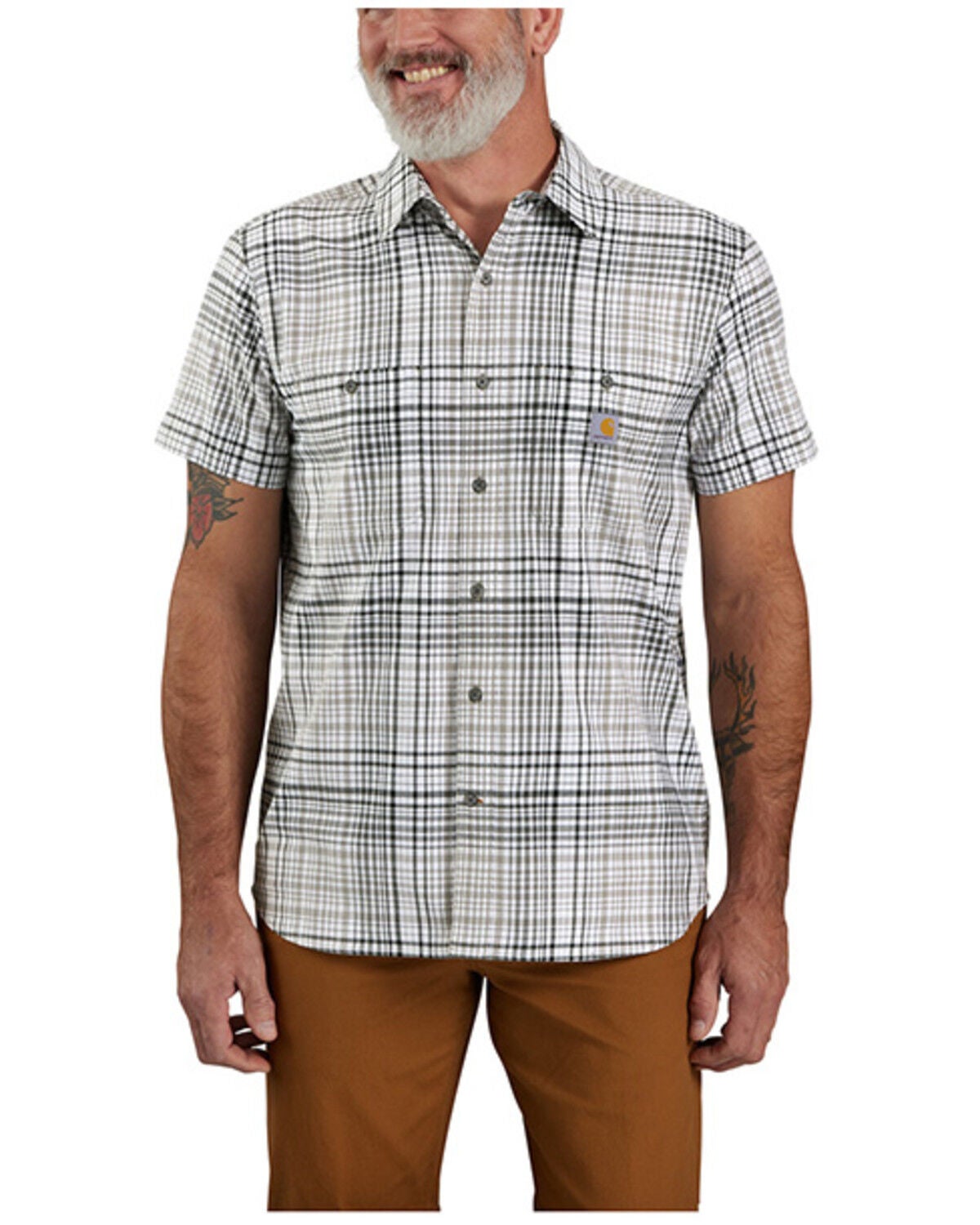 Carhartt Men's Rugged Flex&reg; Plaid Print Relaxed Fit Lightweight Short Sleeve Button-Down Work Shirt, Dark Grey, hi-res