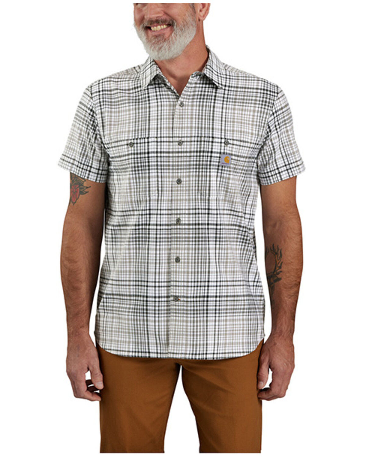 Image #1 - Carhartt Men's Rugged Flex® Plaid Print Relaxed Fit Lightweight Short Sleeve Button-Down Work Shirt, Dark Grey, hi-res