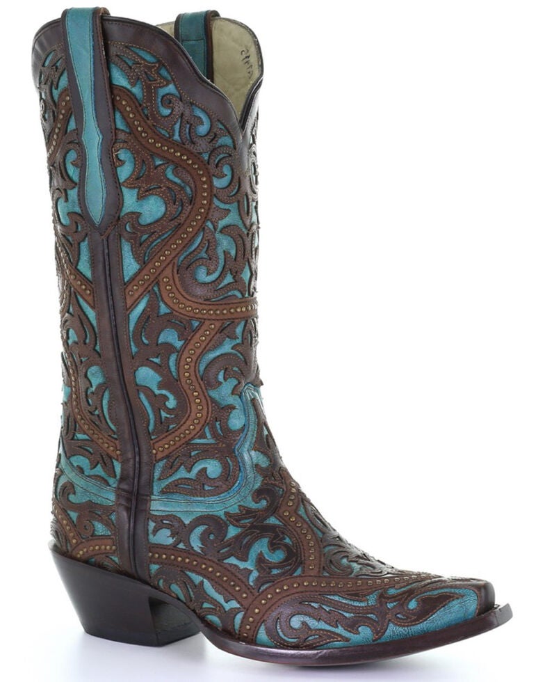 Corral Women's Turquoise With Borwn Laser Overlay Western Boots Snip