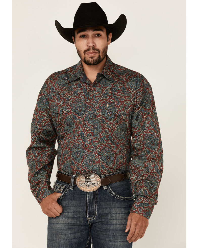 Stetson Men's Wine Large Paisley Print Long Sleeve Snap Western Shirt , Maroon, hi-res