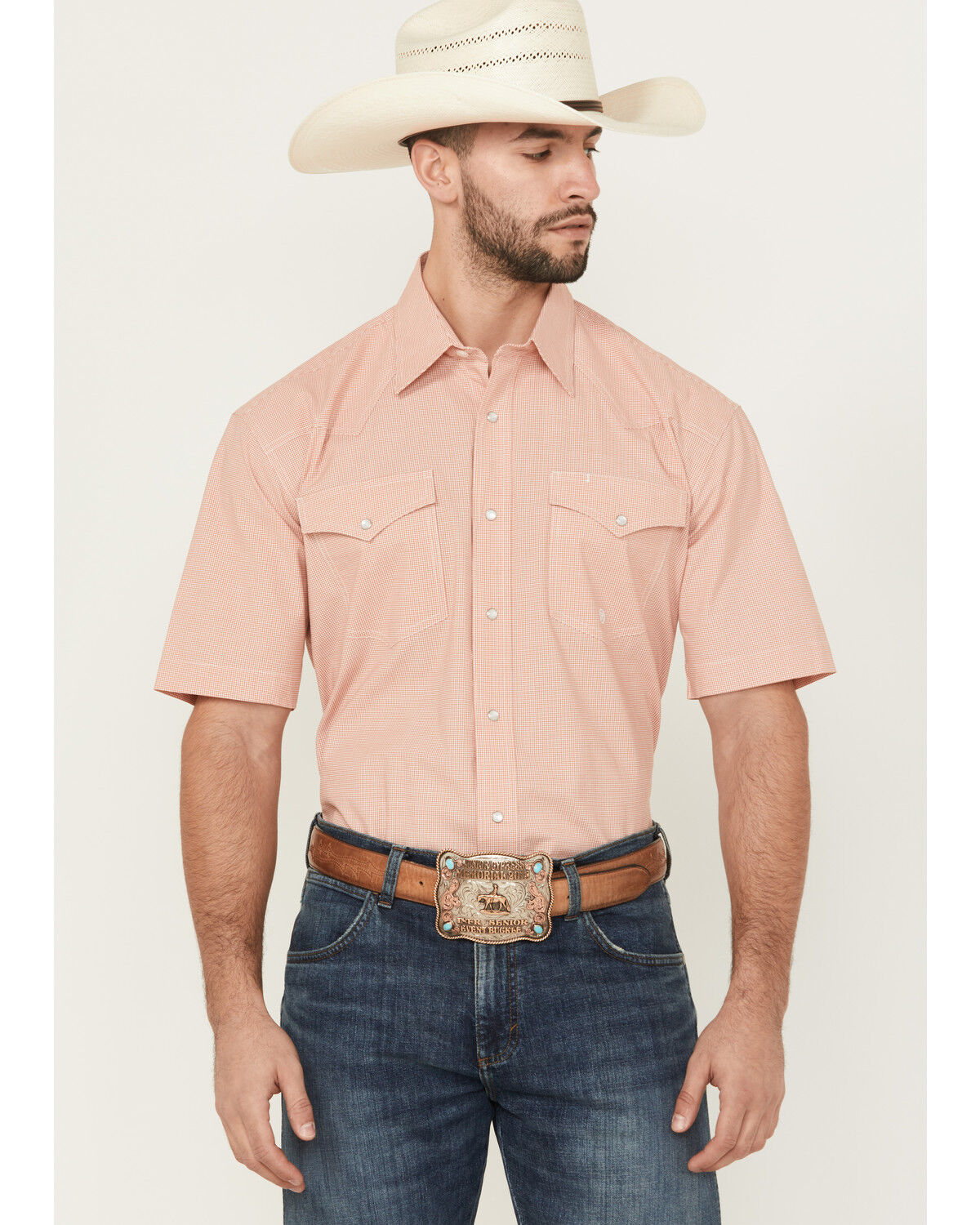 Image #1 - Roper Men's Amarillo Plaid Print Short Sleeve Pearl Snap Stretch Western Shirt, Orange, hi-res