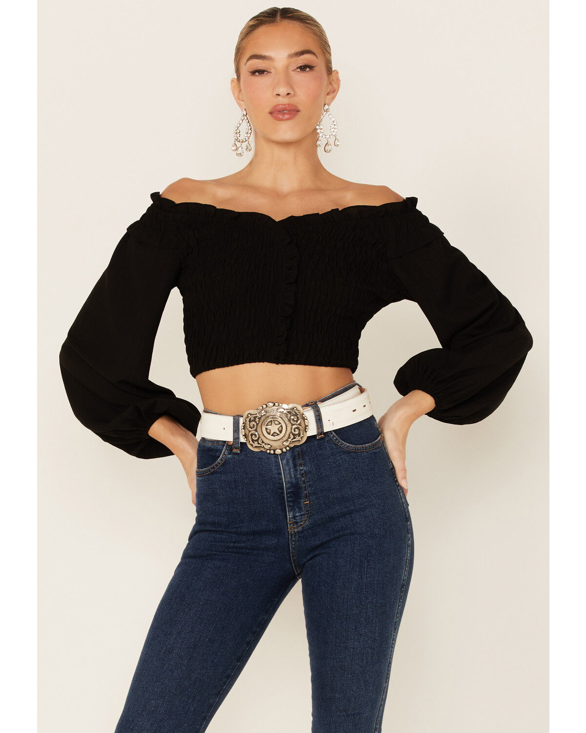 Image #1 - Flying Tomato Women's Solid Off The Shoulder Smocked Crop Long Sleeve Top, , hi-res