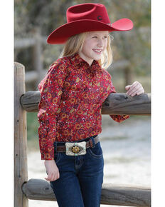 Cruel Girl Girls' Red Floral Long Sleeve Button Down Snap Shirt, Red, hi-res