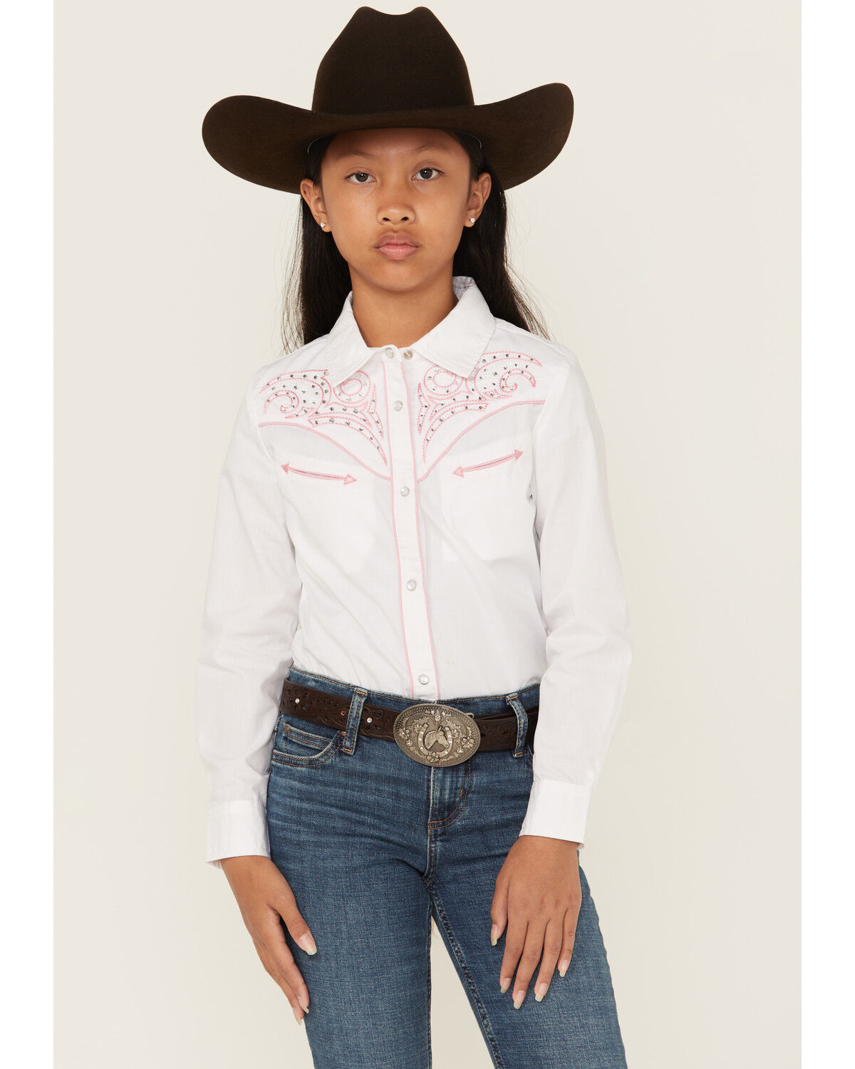Image #1 - Rodeo Clothing Girls' Bedazzled Long Sleeve Pearl Snap Western Shirt, White, hi-res