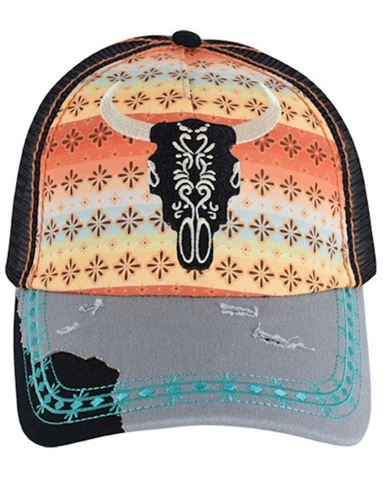 Catchfly Women's Steer Head Embroidered Distressed Ponytail Ball Cap, Multi, hi-res