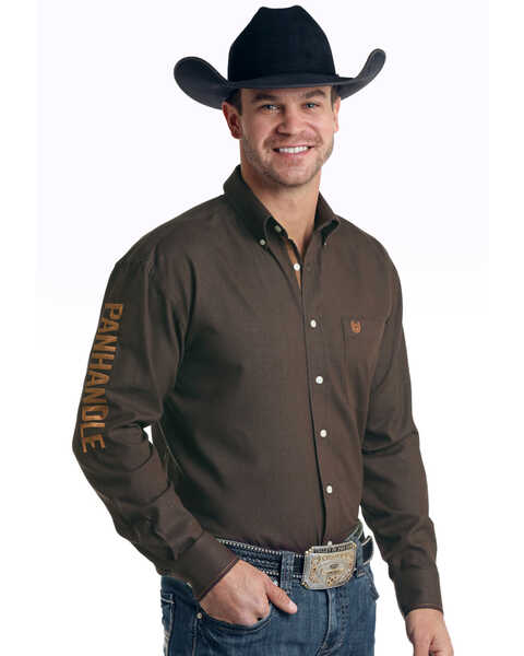 Image #1 - Rough Stock By Panhandle Men's Micro Honeycomb Solid Long Sleeve Western Shirt , Brown, hi-res