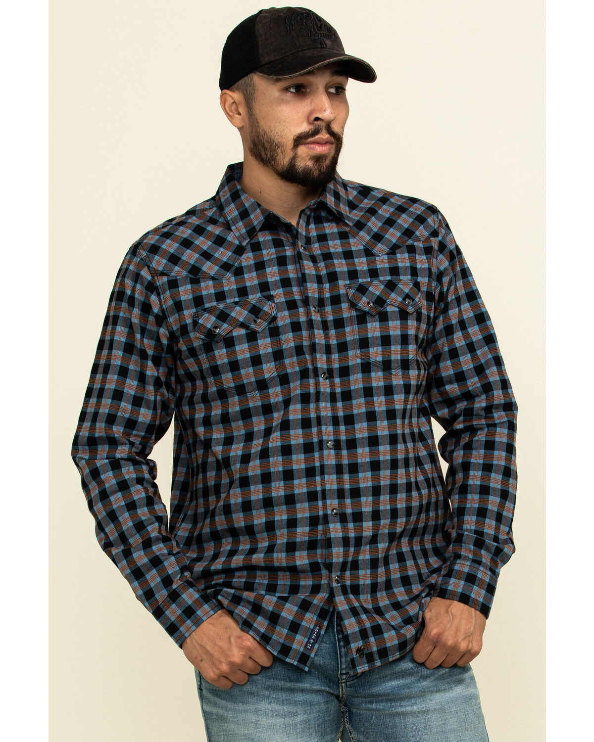 Image #1 - Moonshine Spirit Men's Train Track Check Plaid Print Long Sleeve Western Shirt, Black, hi-res