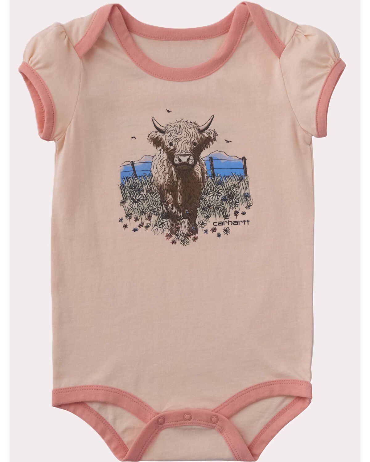 Carhartt Infant Girls' Highland Cow Onesie, Peach, hi-res