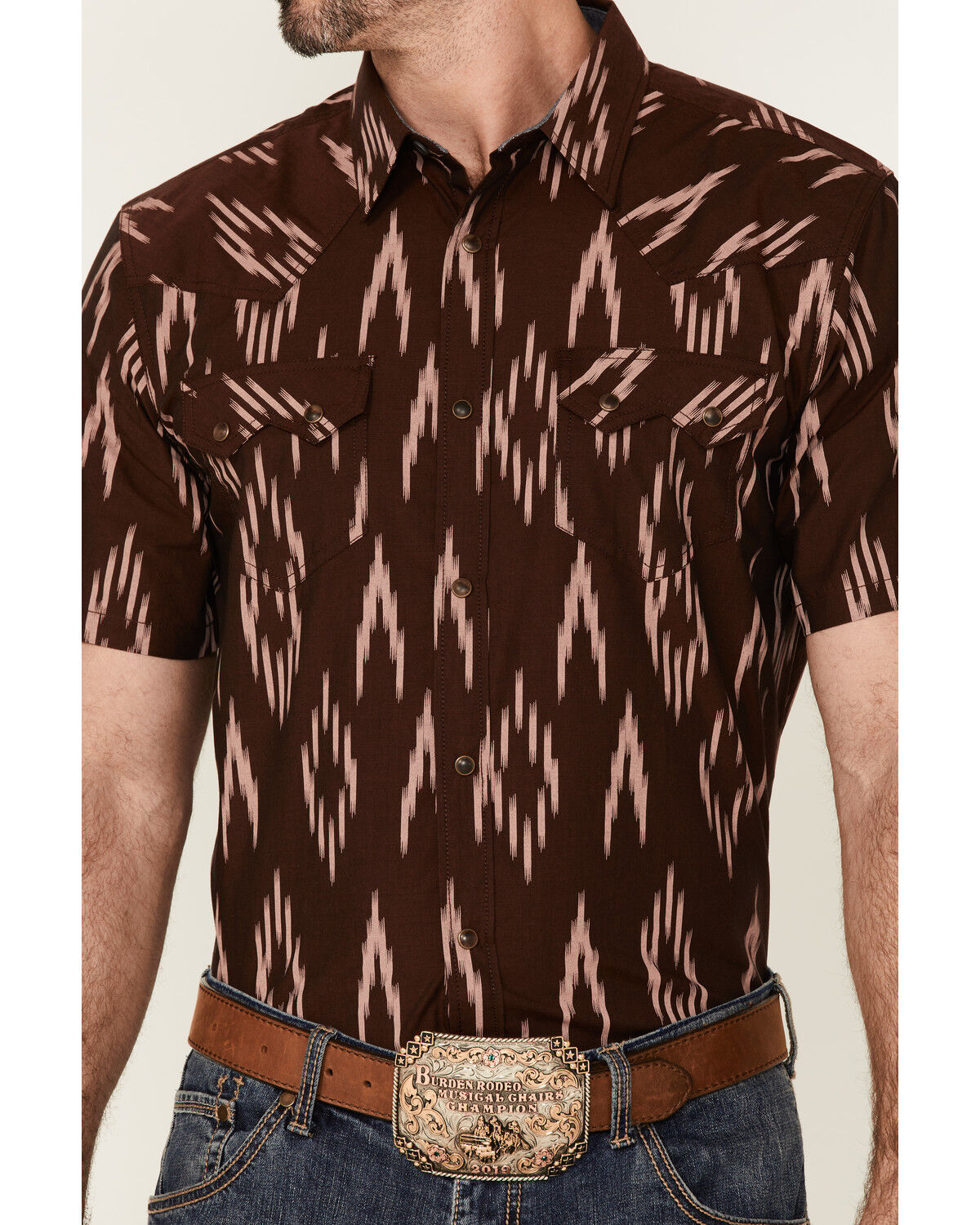 Image #3 - Cody James Men's Treaty Southwestern Print Short Sleeve Snap Western Shirt, Burgundy, hi-res