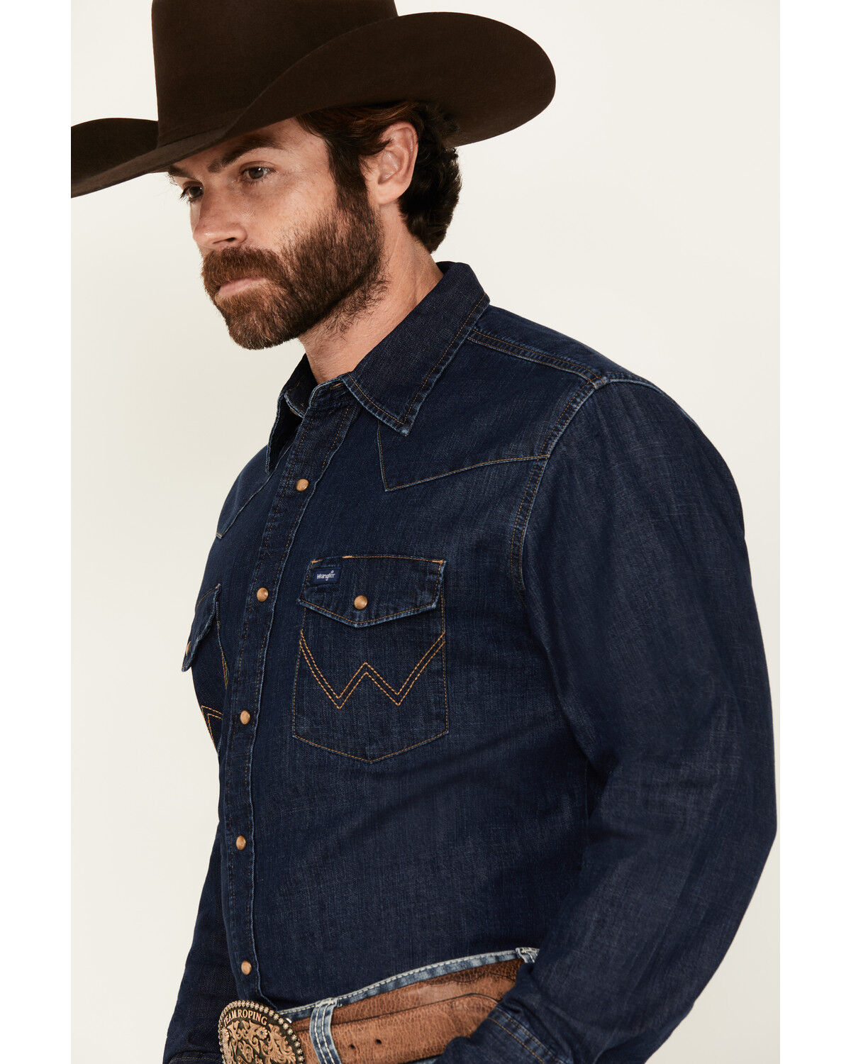 Image #2 - Wrangler Men's Medium Wash Denim Long Sleeve Snap Western Shirt, Medium Wash, hi-res