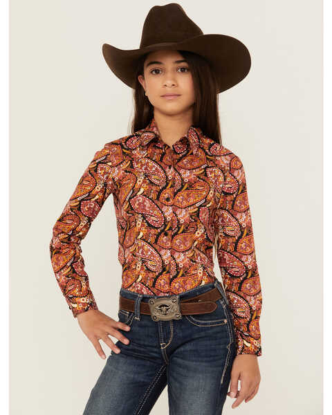Image #1 - Cruel Girl Girls' Paisley Print Long Sleeve Button-Down Western Shirt , Coral, hi-res