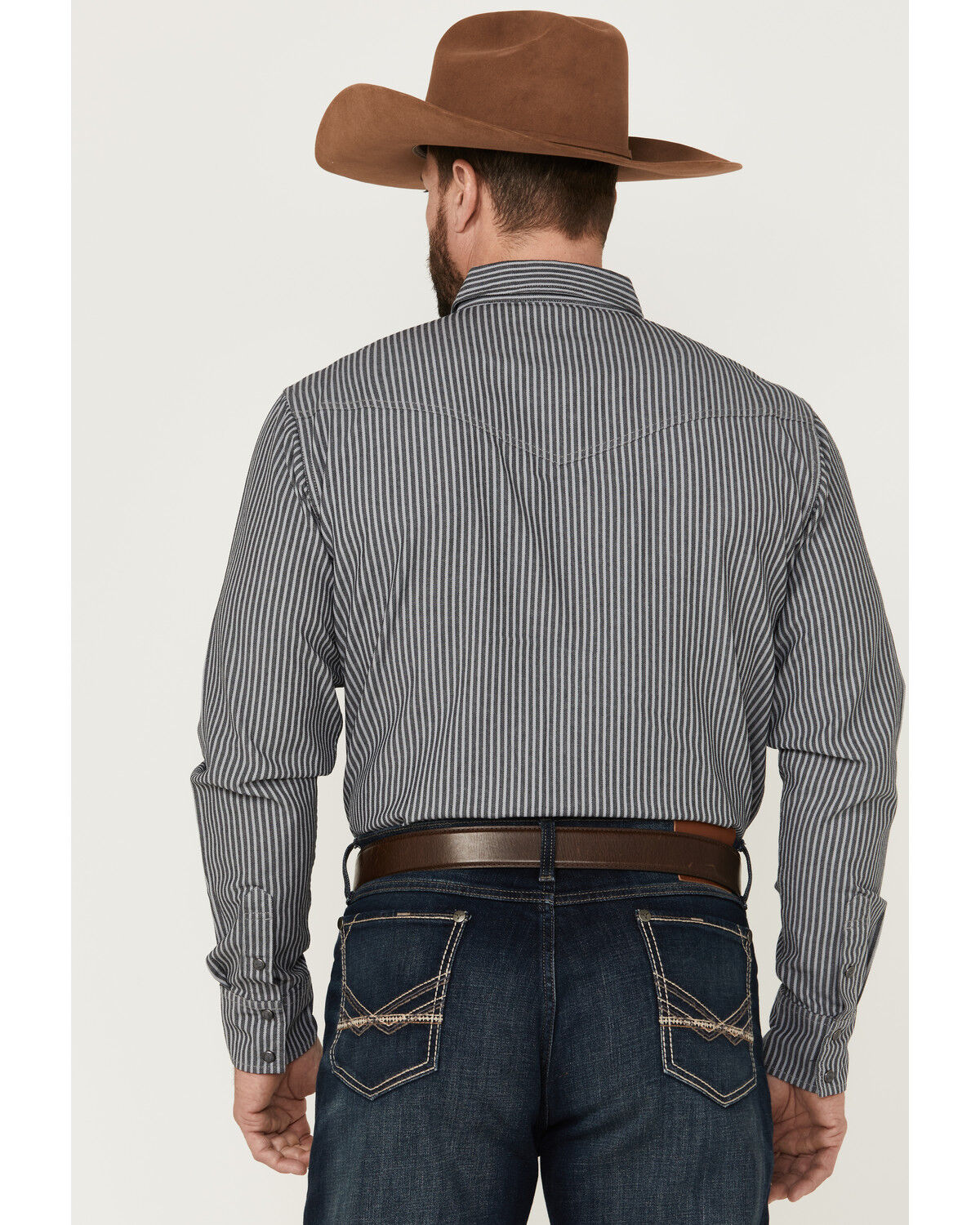 Image #4 - Blue Ranchwear Men's Stripe Washed Long Sleeve Snap Heavy Western Shirt, Light Grey, hi-res
