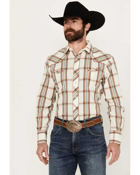 Image #1 - Roper Men's Plaid Print  Long Sleeve Pearl Snap Western Shirt, Cream, hi-res