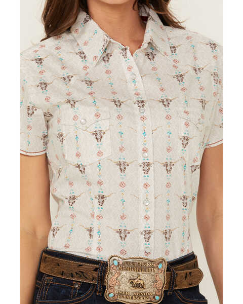 Image #3 - Rough Stock by Panhandle Women's Novelty Steer Head Print Short Sleeve Pearl Snap Stretch Western Shirt , Natural, hi-res