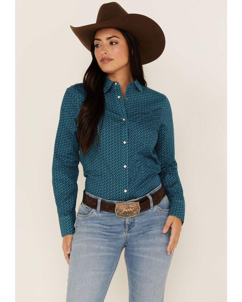 Rock & Roll Denim Women's Geo Print Long Sleeve Snap Western Shirt, Turquoise, hi-res