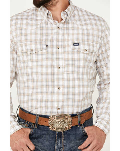 Image #3 - Wrangler Men's Plaid Print Long Sleeve Performance Snap Western Shirt, Tan, hi-res