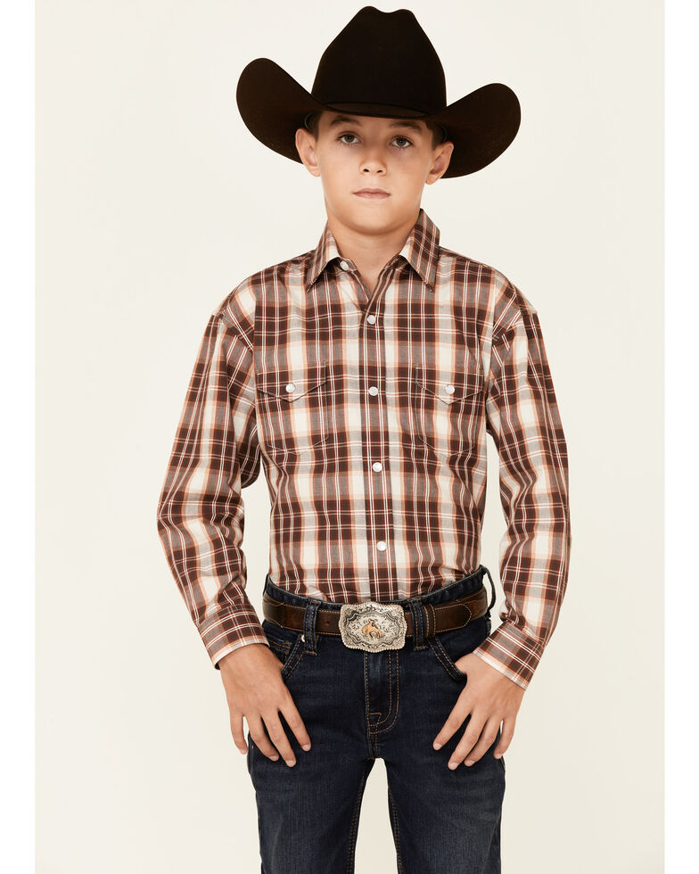 Panhandle Boys' Copper Plaid Long Sleeve Snap Western Shirt , Rust Copper, hi-res
