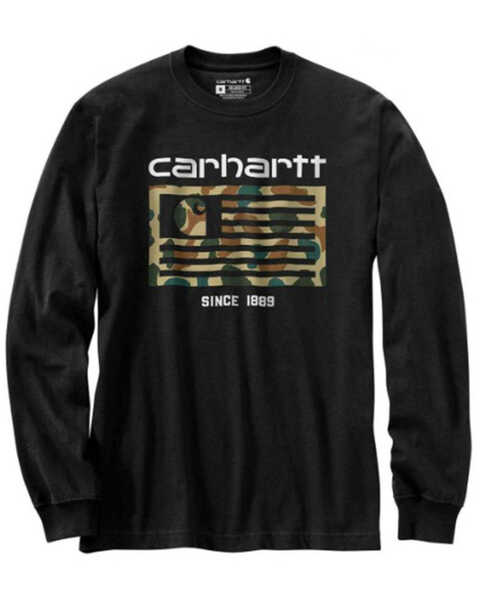 Carhartt Men's Camo Print Logo Flag Graphic Relaxed Fit Midweight Long Sleeve T-Shirt, Black, hi-res