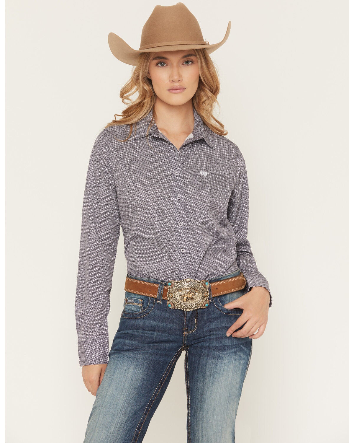 Cinch Women's Geo Print ArenaFlex Long Sleeve Button-Down Stretch Western Shirt, Purple, hi-res