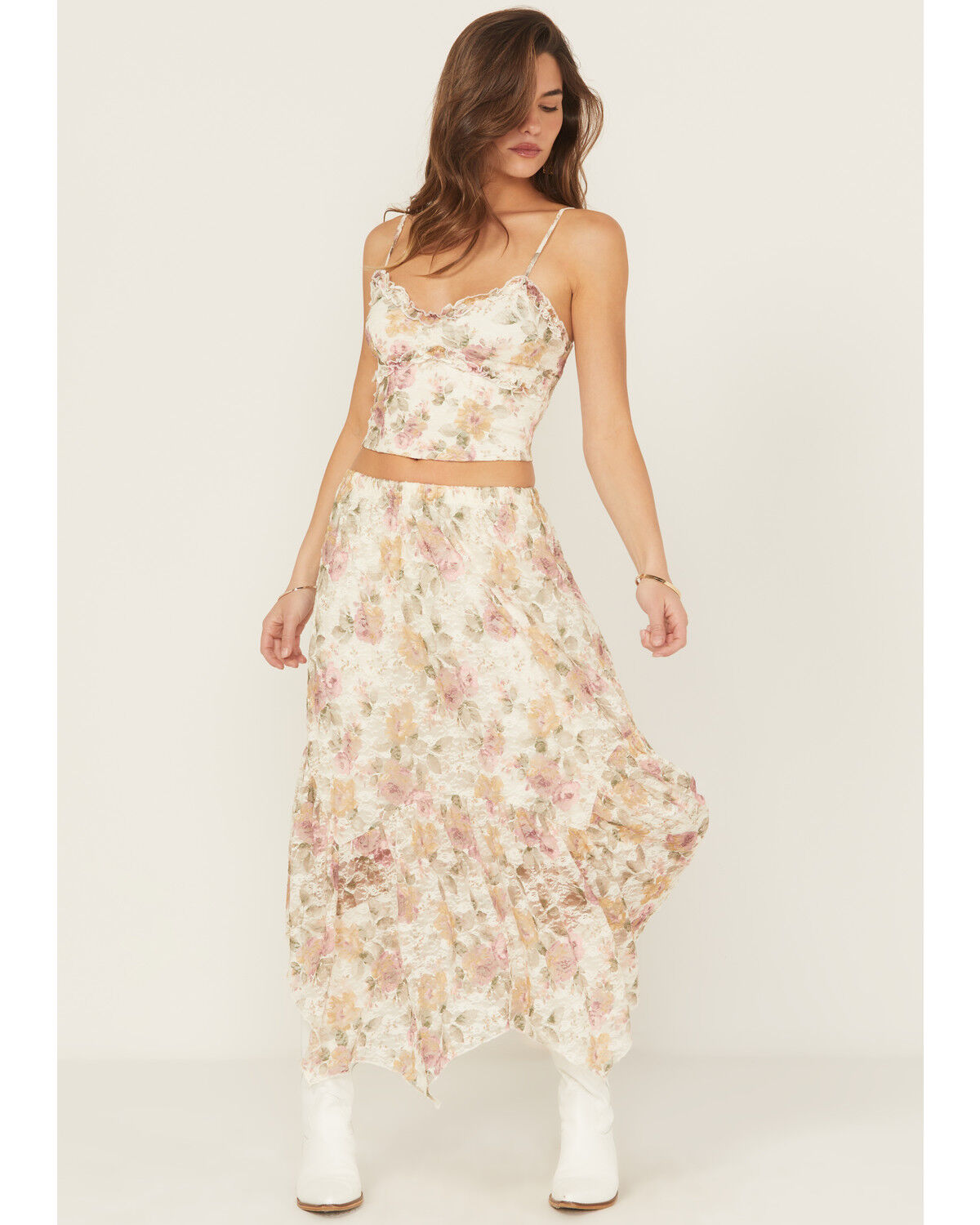 Image #1 - Originality Women's Boot Barn Exclusive Floral Print Lace Midi Skirt, Ivory, hi-res