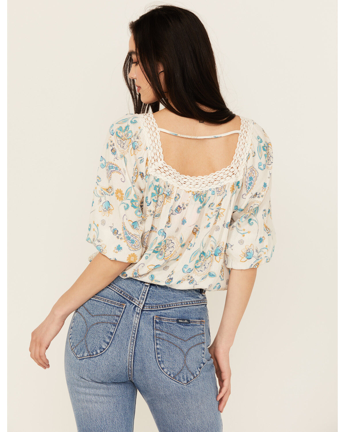 Image #4 - Wild Moss Women's Floral Print Long Sleeve Peasant Top, Ivory, hi-res