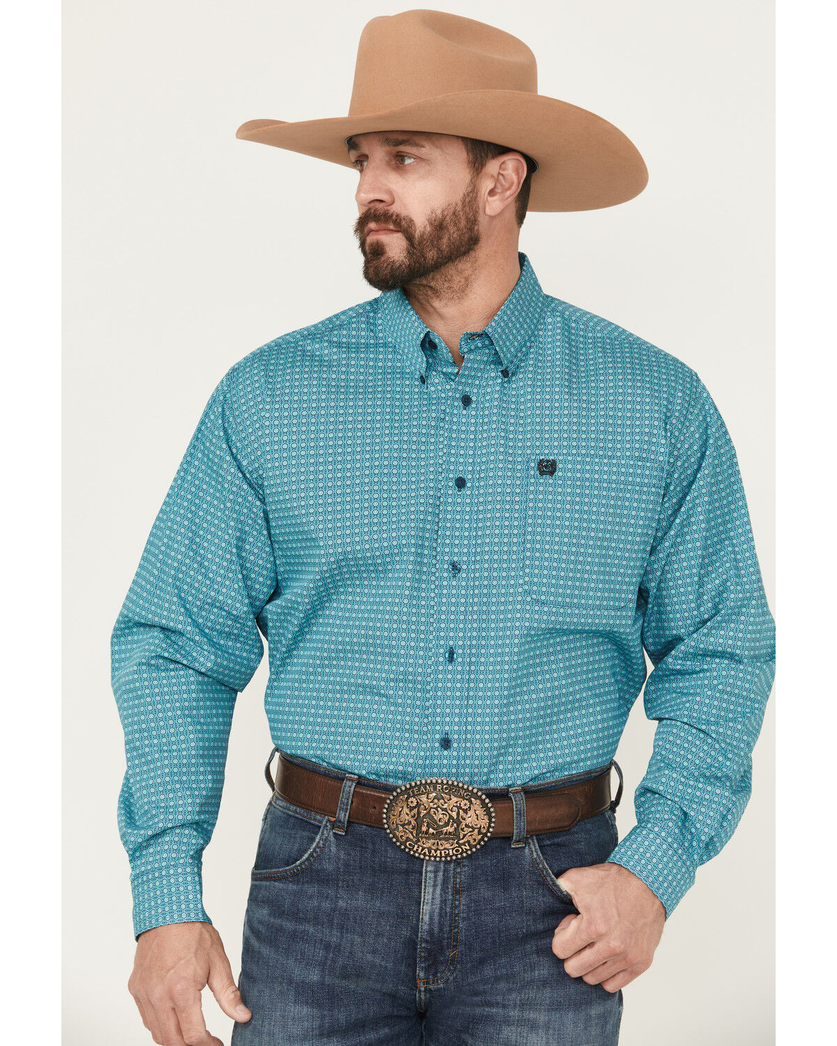 Image #1 - Cinch Men's Geo Print Long Sleeve Button-Down Western Shirt, Turquoise, hi-res