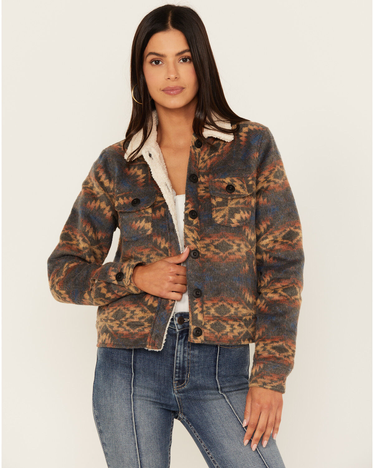 Image #1 - Rock & Roll Denim Women's Southwestern Print Sherpa Jacket, Multi, hi-res
