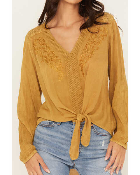 Image #3 - Nostalgia Women's Embroidered Tie Front Long Sleeve Top, Mustard, hi-res