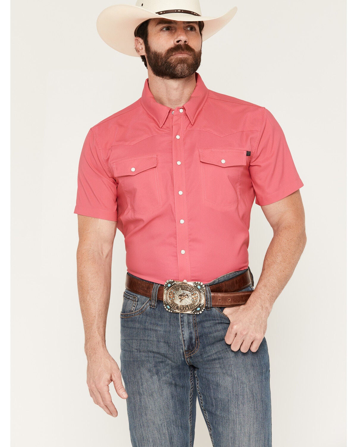 Image #1 - Rock & Roll Denim Men's Tek Solid Short Sleeve Snap Stretch Western Shirt, Hot Pink, hi-res