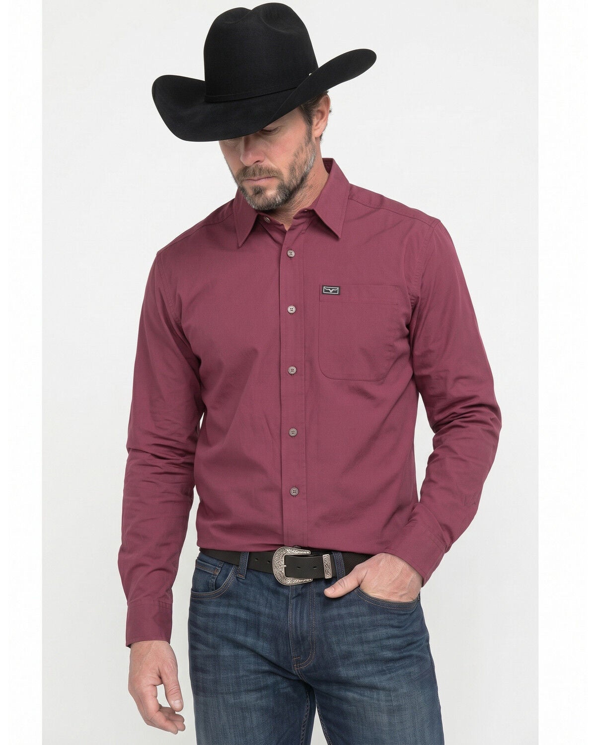 Kimes Ranch Men's Linville Coolmax&reg; Long Sleeve Button-Down Performance Western Shirt, Burgundy, hi-res