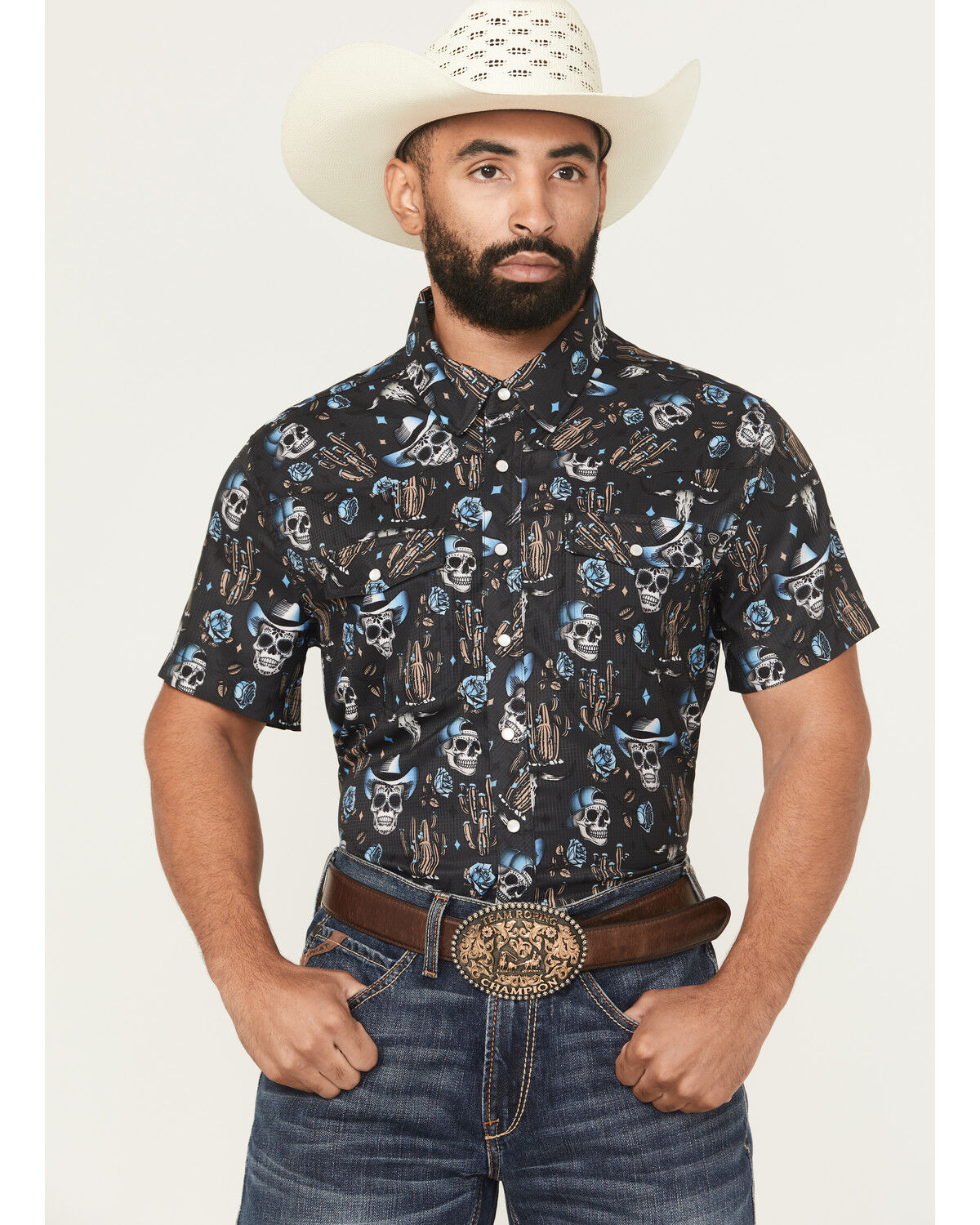 Image #1 - Rock & Roll Denim Men's TEK Skull Print Short Sleeve Snap Western Shirt, Charcoal, hi-res