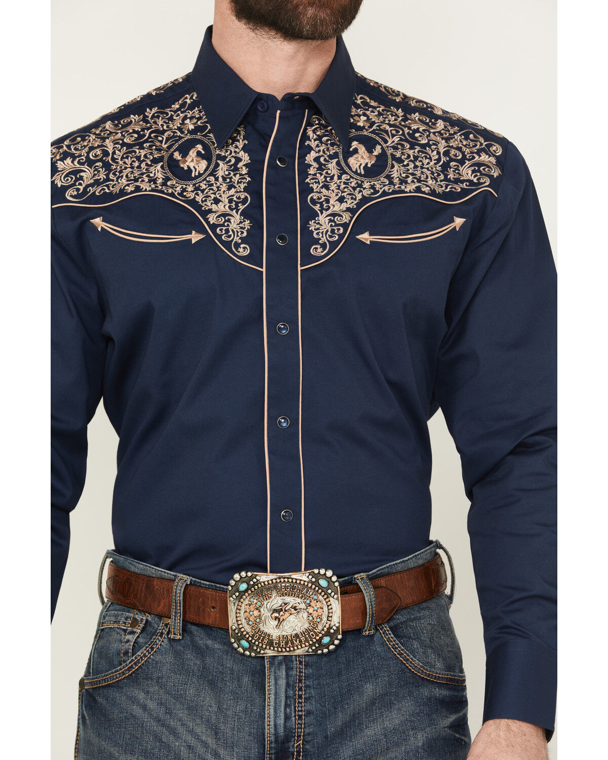 Image #3 - Rodeo Clothing Men's Embroidered Long Sleeve Pearl Snap Western Shirt, Navy, hi-res