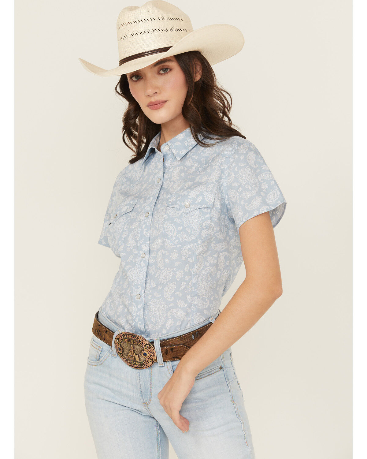 Image #2 - Wrangler Retro Women's Boot Barn Exclusive Paisley Print Short Sleeve Pearl Snap Western Shirt, Blue, hi-res